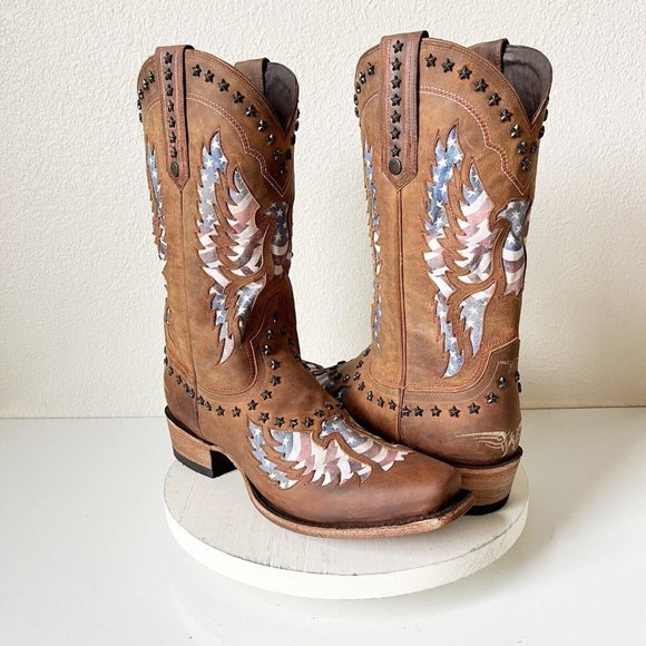 Capitan by Lane Boots Other - Lane + Ryan Weaver OLD GLORY Mens Cowboy Boots Sz 11 Brown Biker Square Toe Flag